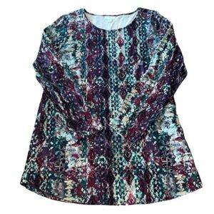 Pure Jill maroon/purple/teal long sleeve abstract tunic top size L